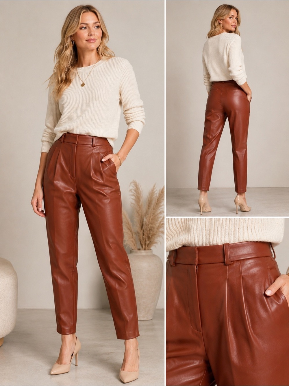A.W.A.K.E. Rust Faux Leather Pleated Tapered Pants  High Waist 25407